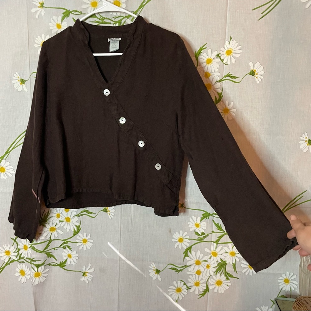 COPY - Vintage match point chocolate brown linen wide sleeve lagenlook MOP butt…